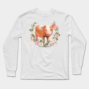 Cute Young Pig Farm Flower Wreath Motive Long Sleeve T-Shirt